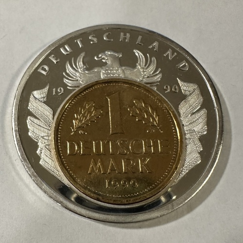 Medaille "European Currencies" mit vergoldeter 1DM Münze von 1990