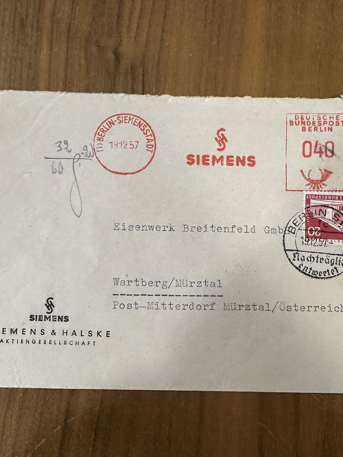 Geschäftsbrief von 1957 Siemens