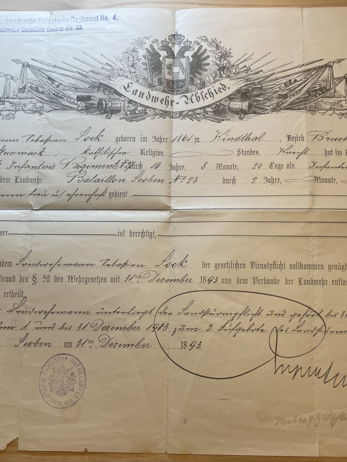 Landwehr-Abschied der K.K.Stayr.Kärnth.Landwehr Infanterie-Regiment No.4 1893