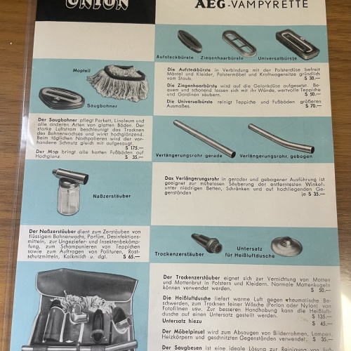 Altes Werbeprospekt von AEG Union VAMPYRETTE aus den 50er Jahren