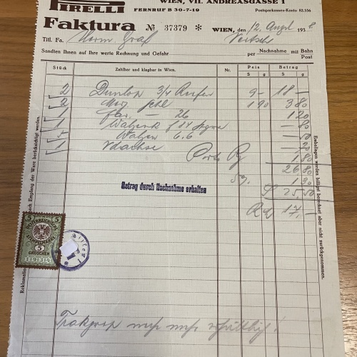 Orginal-Rechnung von 1938 Start Pirelli