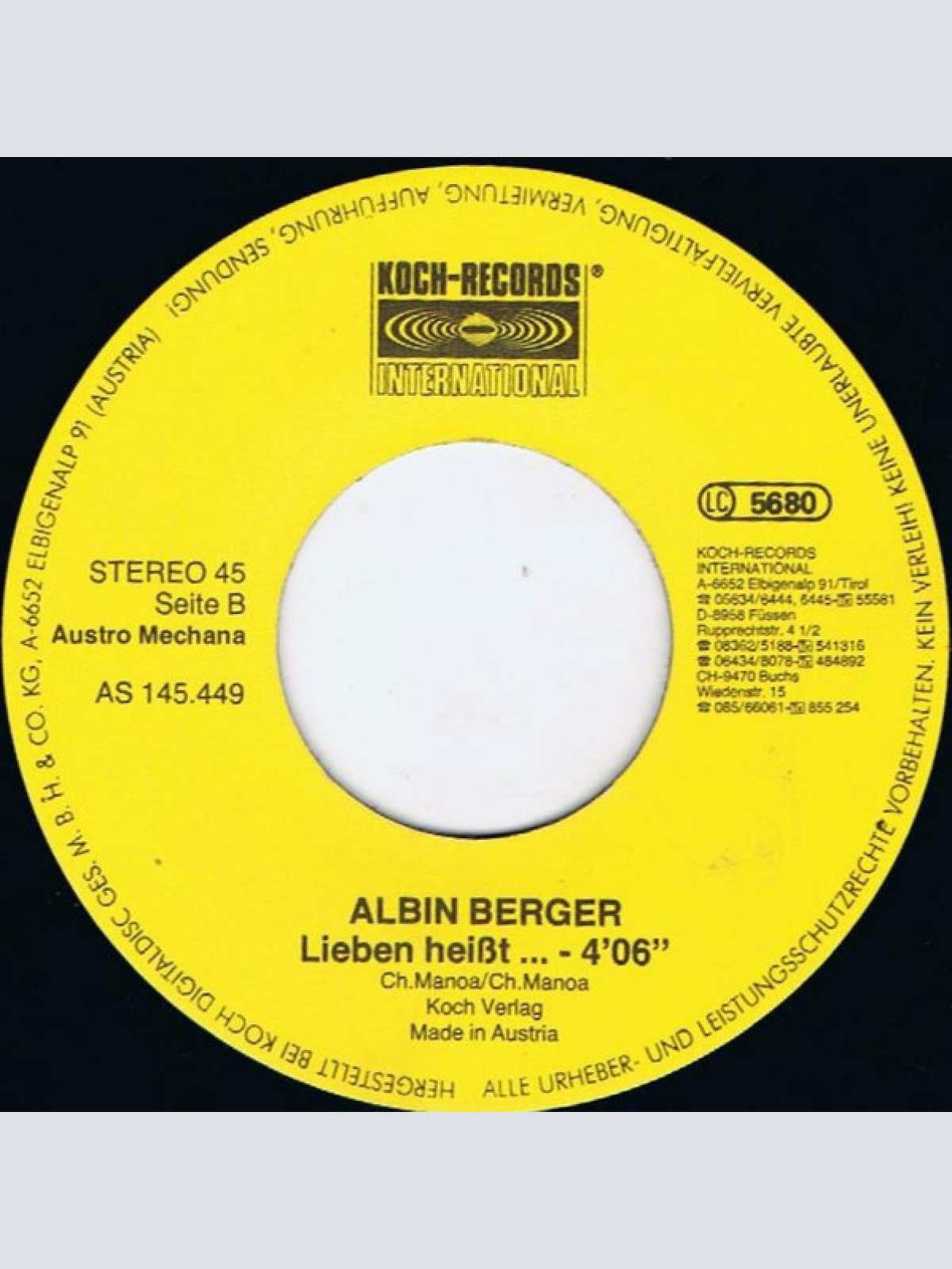 Vinyl / Albin Berger - Addio Madonna Mia