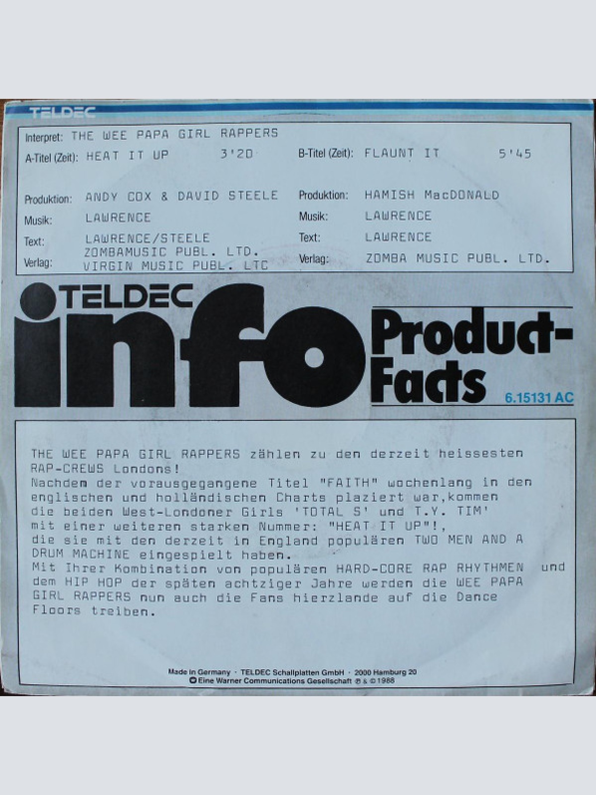 Vinyl / The Wee Papa Girl Rappers* Featuring 2 Men And A Drum Machine* - Heat It Up