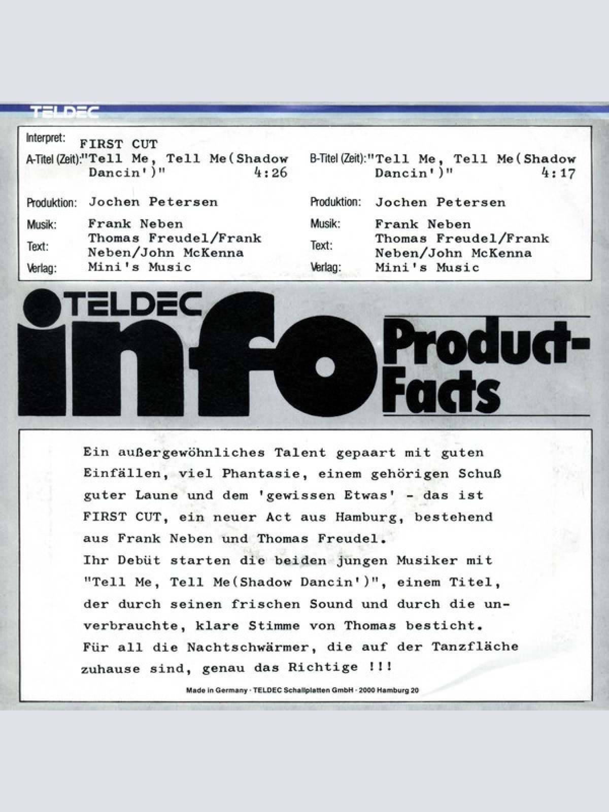 Vinyl / First Cut - Tell Me, Tell Me (Shadow Dancing)