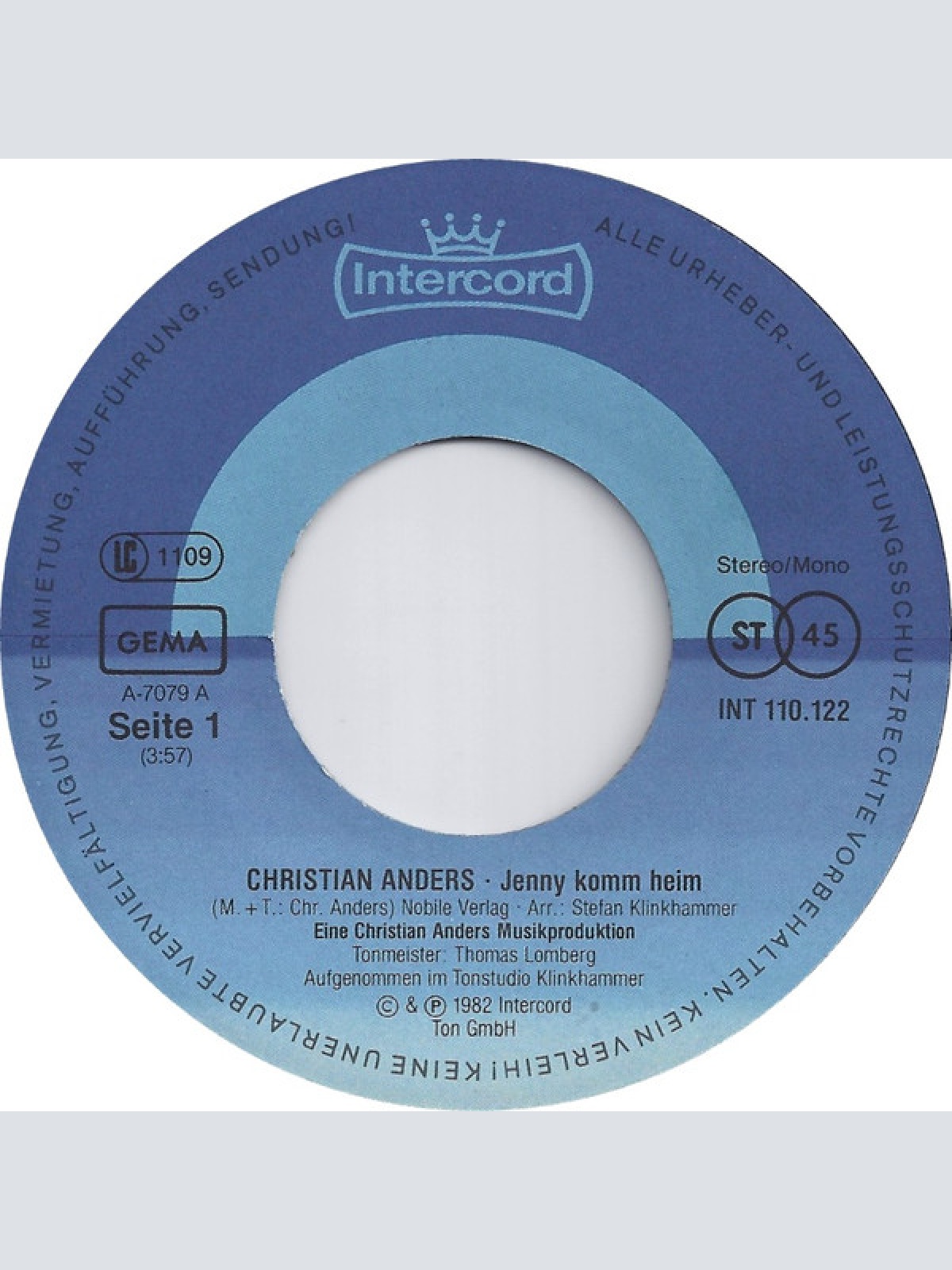 Vinyl / Christian Anders - Jenny Komm Heim