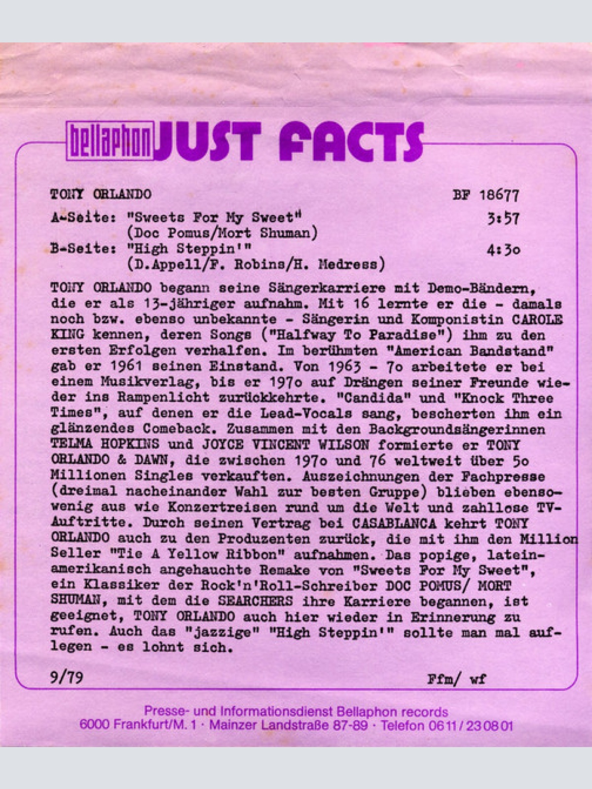 Vinyl / Tony Orlando - Sweets For My Sweet