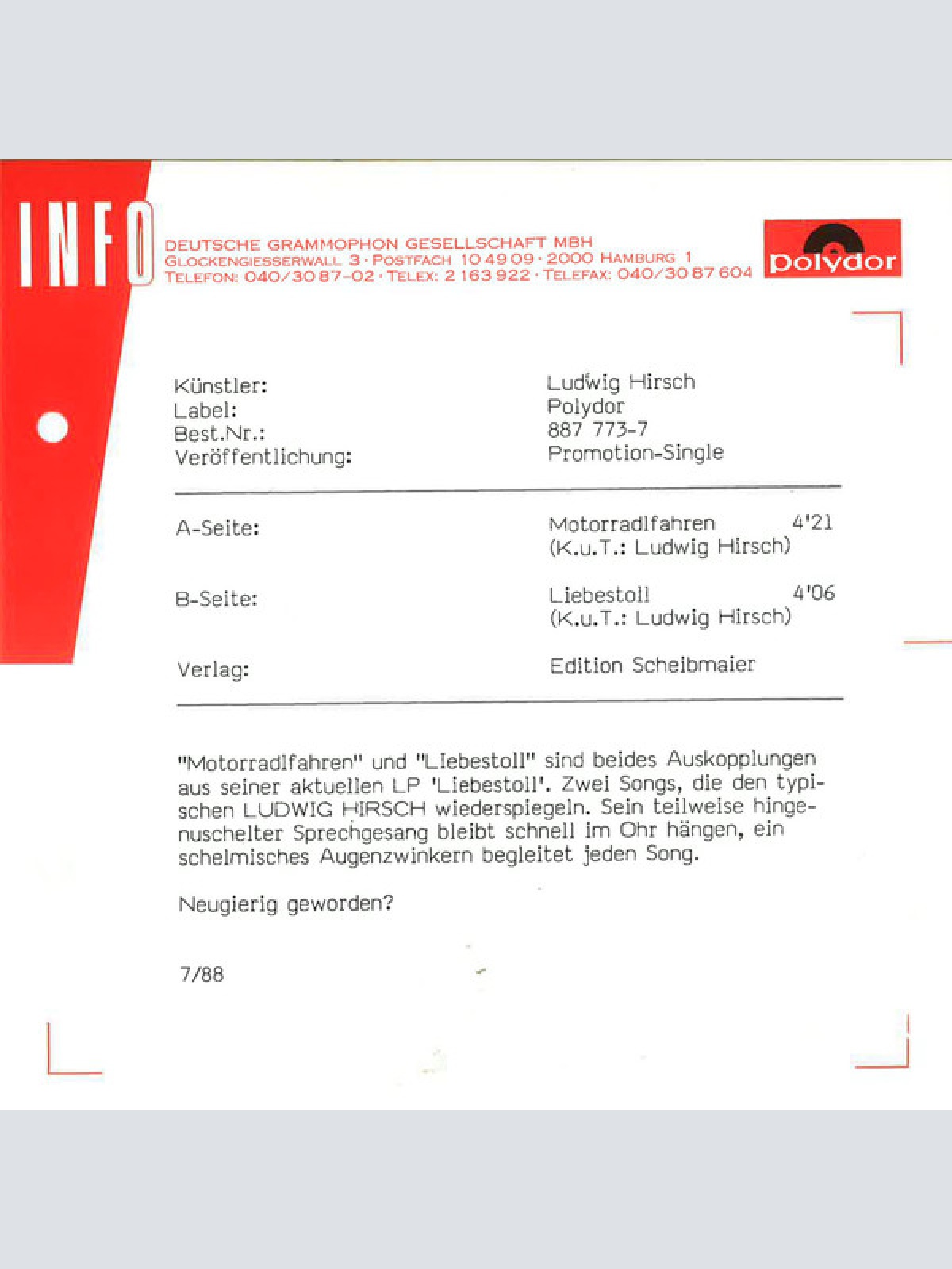 Vinyl / Ludwig Hirsch - Motorradlfahren