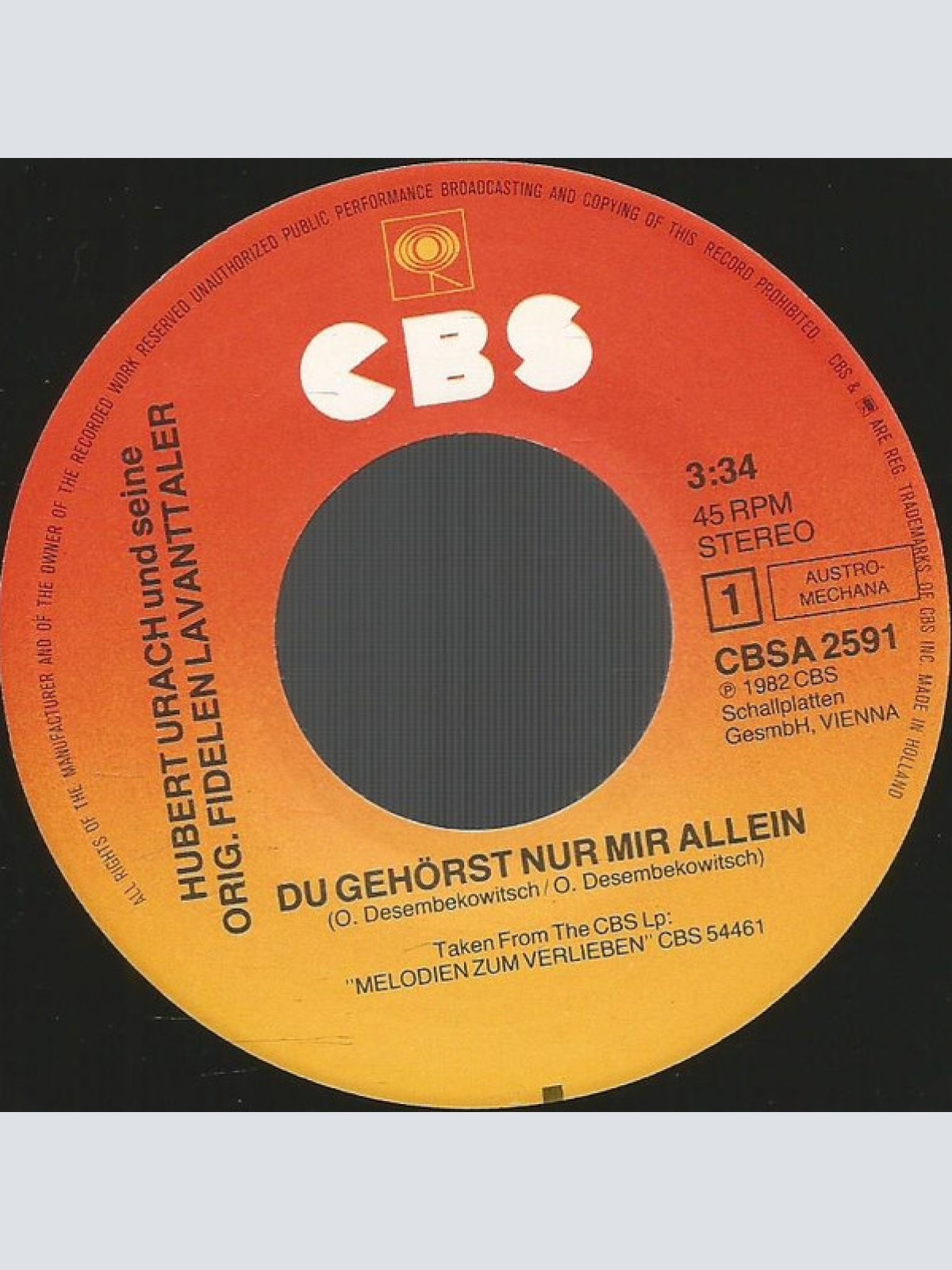 Vinyl / Hubert Urach Und Seine Orig. Fidelen Lavanttalern* - Du Gehörst Nur Mir Allein / Einmal Wirst Du Um Mich Weinen