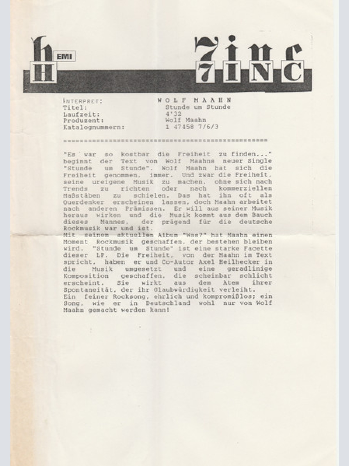 Vinyl / Wolf Maahn - Stunde Um Stunde