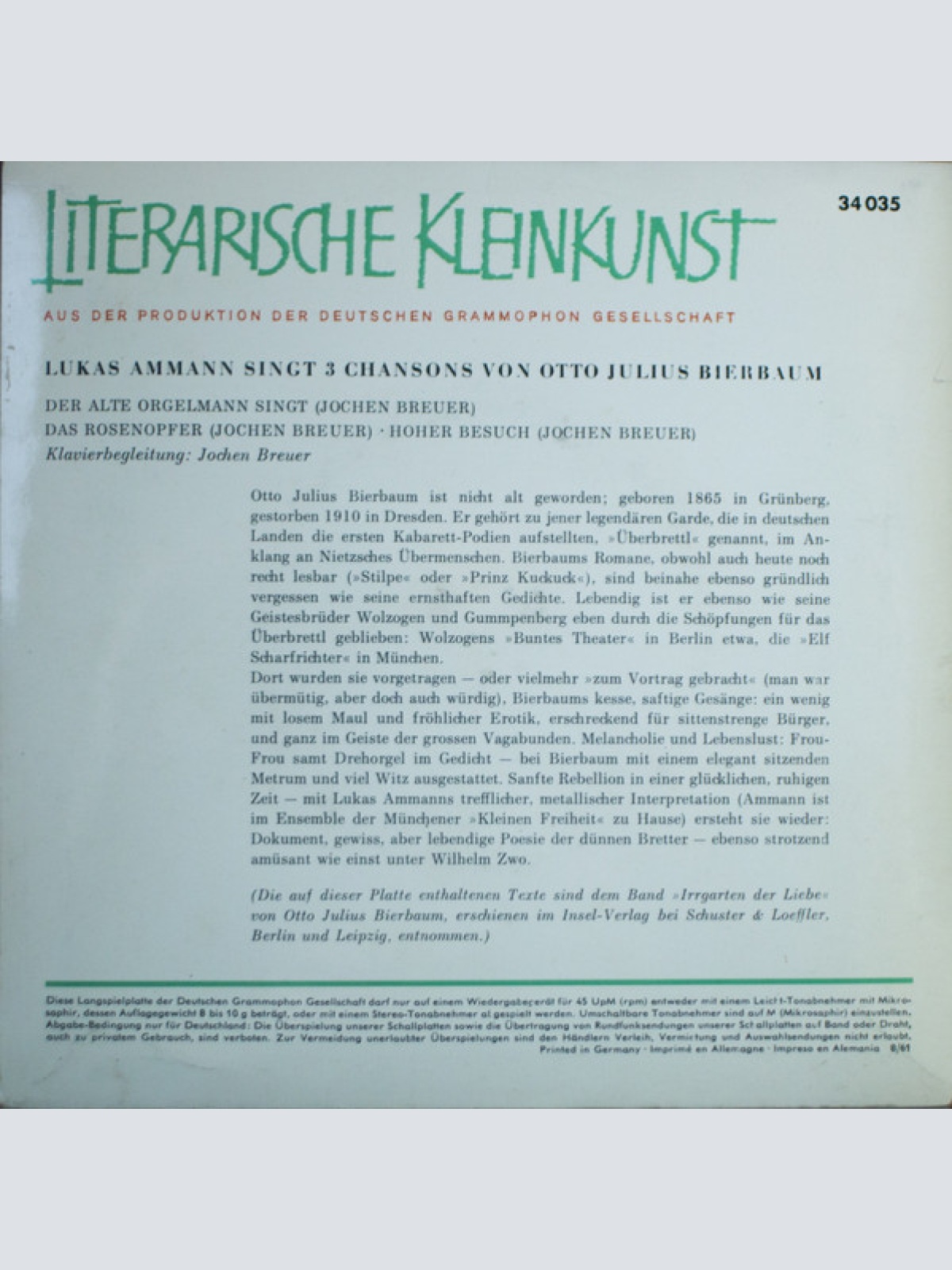 Vinyl / Lukas Ammann Singt 3 Chansons Von Otto Julius Bierbaum - Der Alte Orgelmann Singt