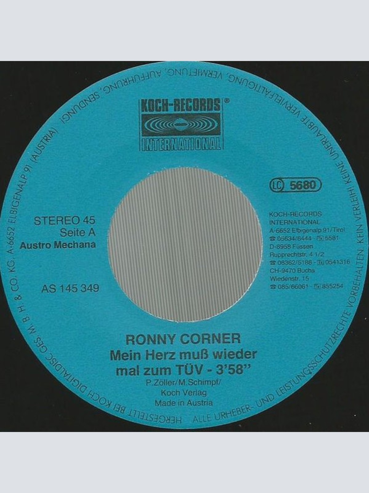 Vinyl / Ronny Corner - Mein Herz Muss Wieder Mal Zum Tüv