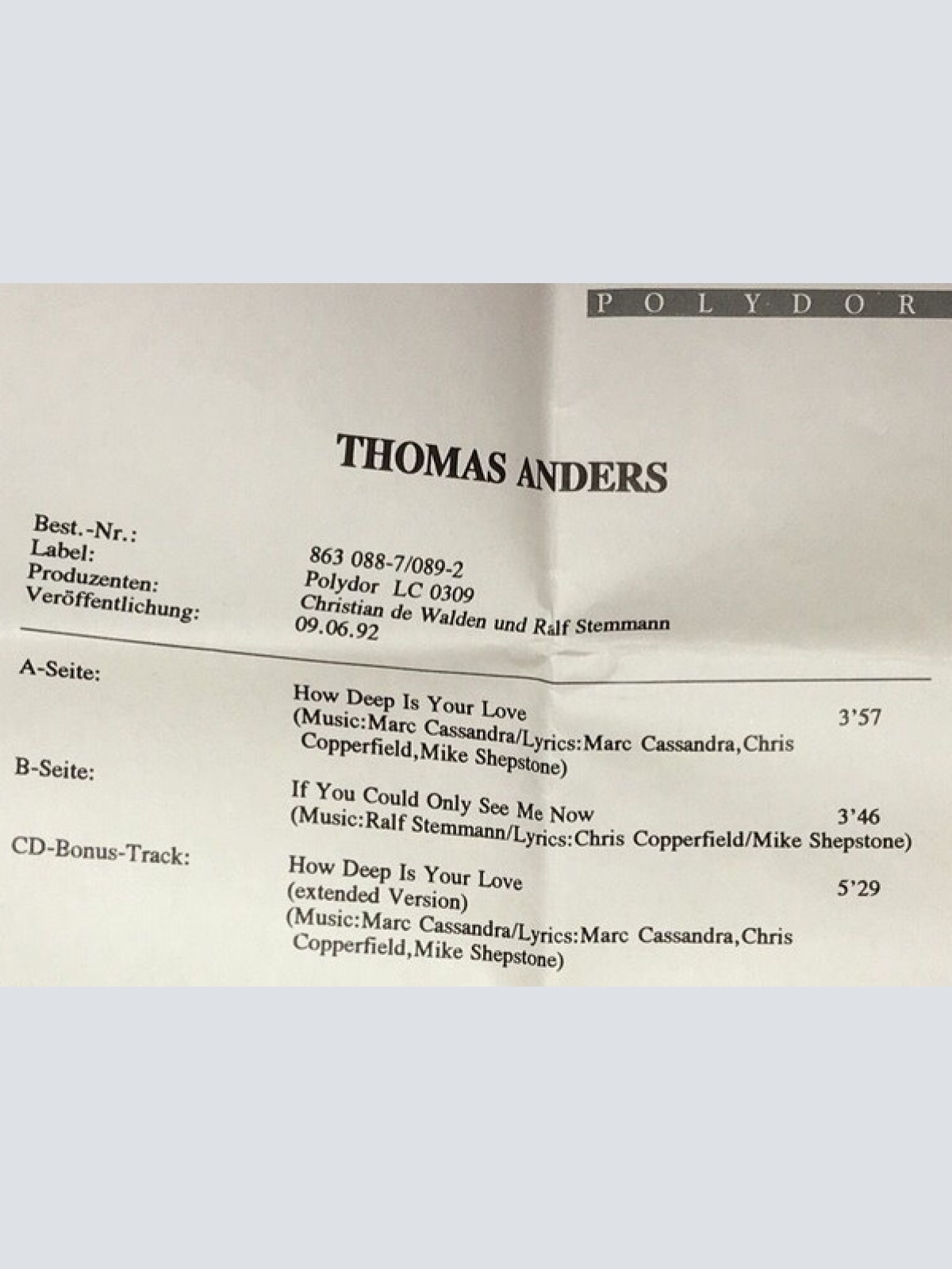 Vinyl / Thomas Anders - How Deep Is Your Love