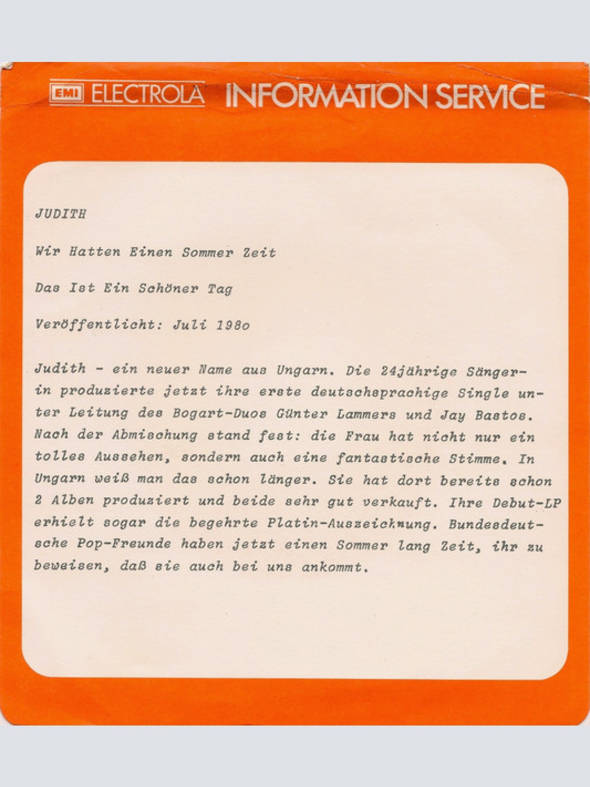 Vinyl / Judith* - Wir Hatten Einen Sommer Zeit