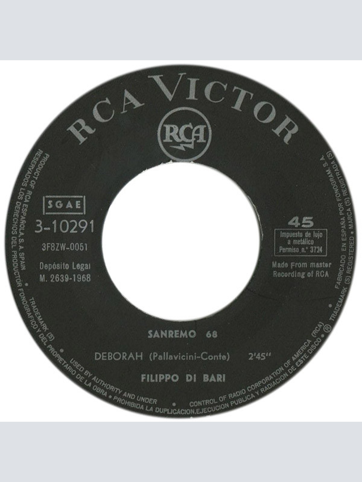 Vinyl / Filippo Di Bari / Anna Rita Canevazzi - Deborah (SanRemo 68)