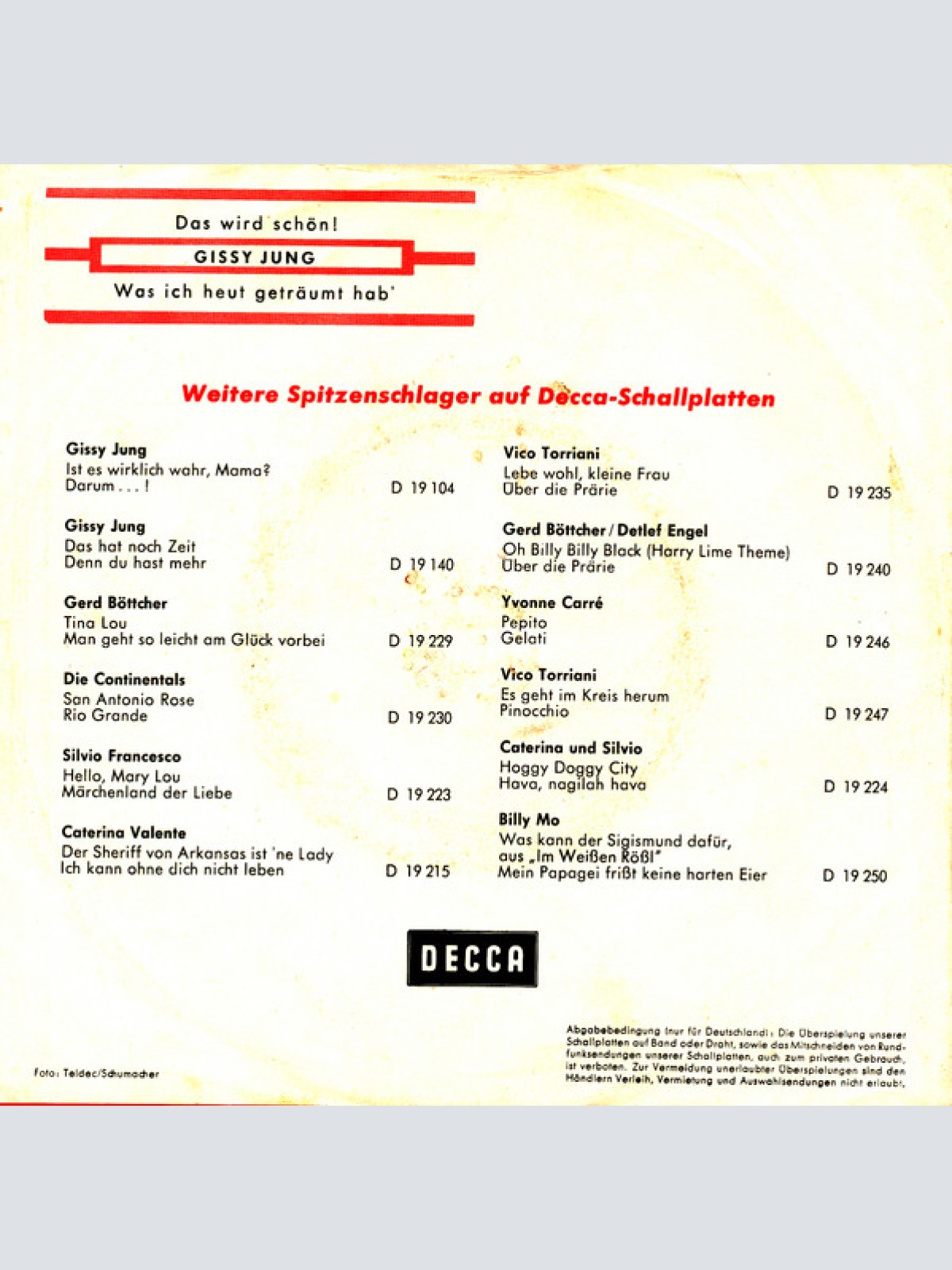 Vinyl / Gissy Jung - Das Wird Schön / Was Ich Heut' Geträumt Hab'