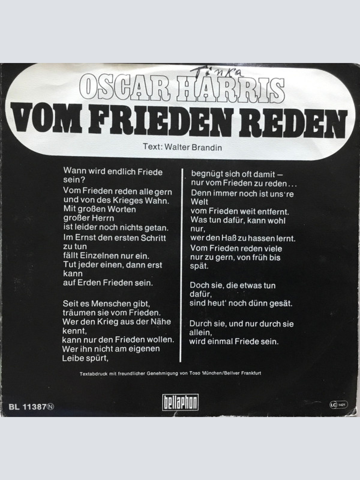 Vinyl / Oscar Harris - Vom Frieden Reden