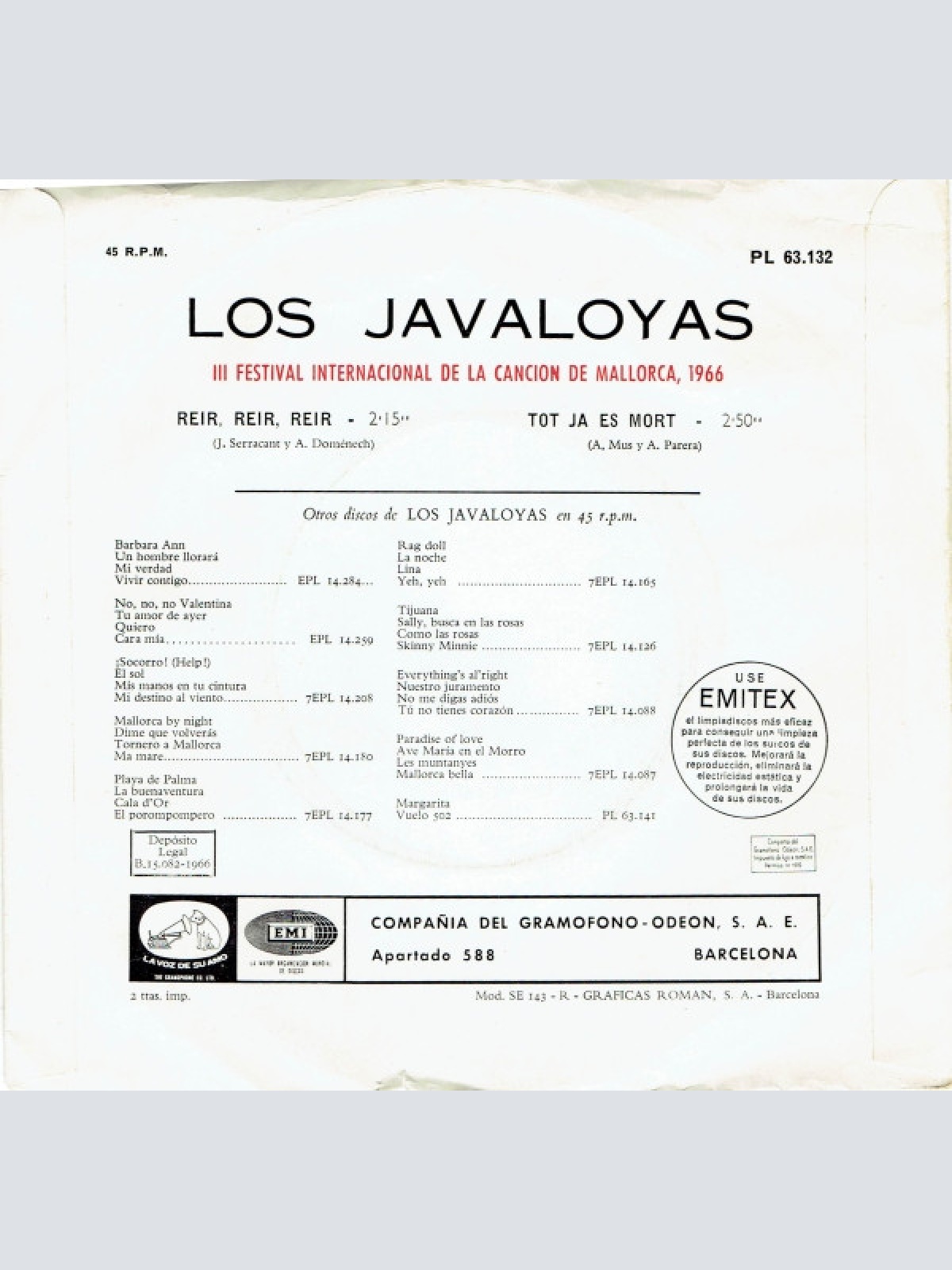 Vinyl / Los Javaloyas - III Festival De La Cancion De Mallorca, 1966: Reir, Reir, Reir / Tot Ja Es Mort