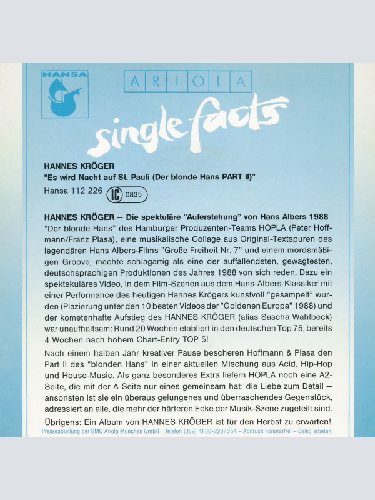 Vinyl / Hannes Kröger - Es Wird Nacht Auf St. Pauli - Der Blonde Hans Part II