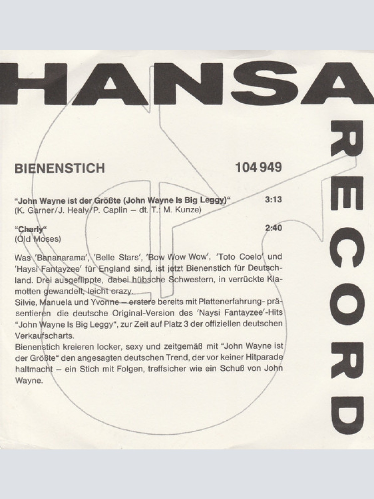 Vinyl / Bienenstich - John Wayne Ist Der Größte