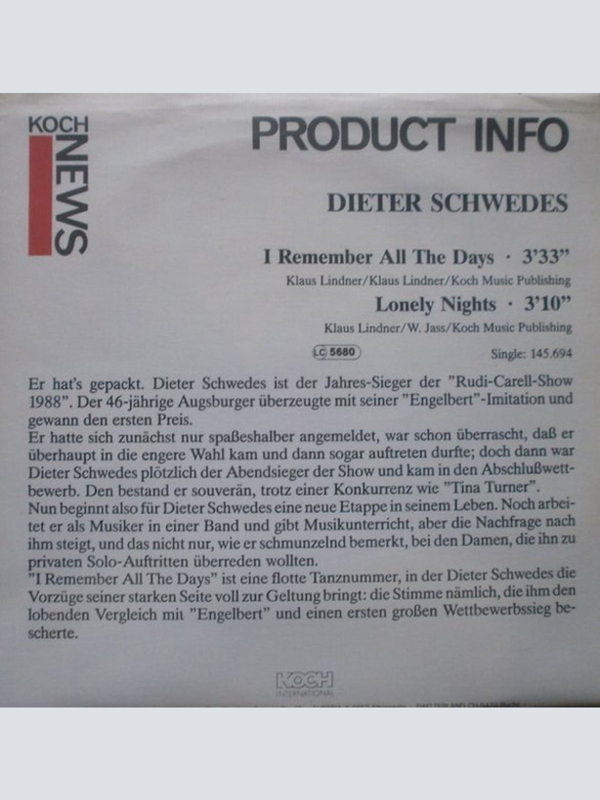 Vinyl / Dieter Schwedes - I Remember All The Days