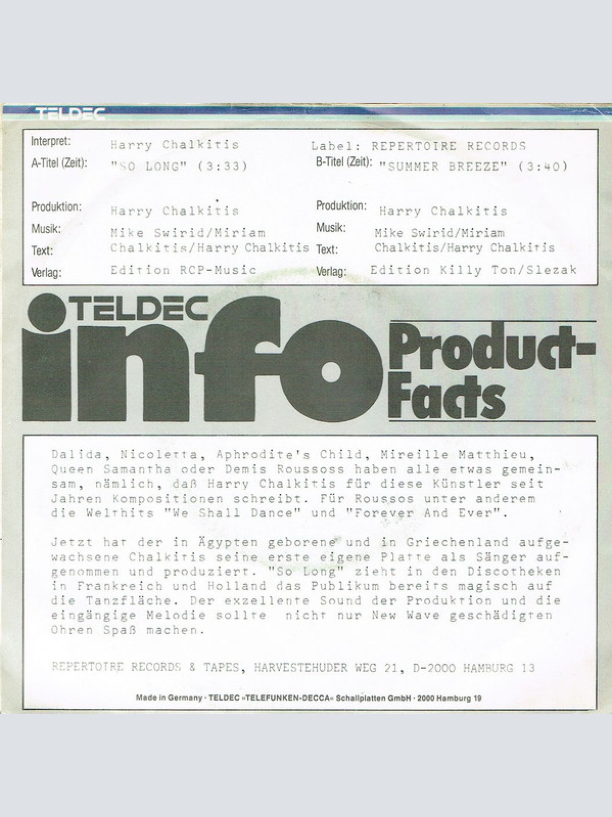 Vinyl / Harry Chalkitis* - So Long