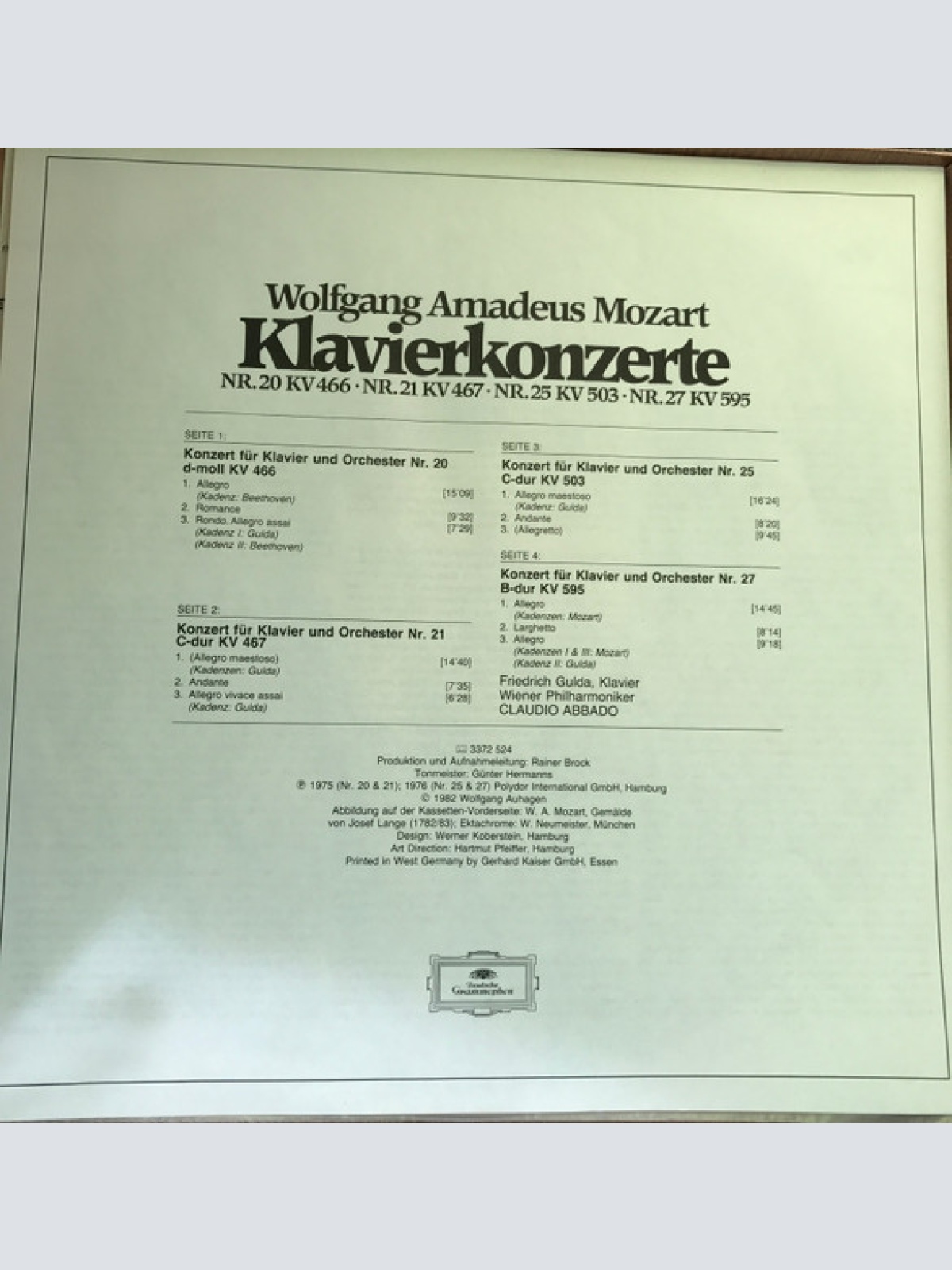 Vinyl / Wolfgang Amadeus Mozart - Friedrich Gulda, Wiener Philharmoniker, Claudio Abbado - Klavierkonzerte Nr. 20 KV 466 Nr. 21 KV 467 Nr. 25 KV 503 Nr. 27 KV 595