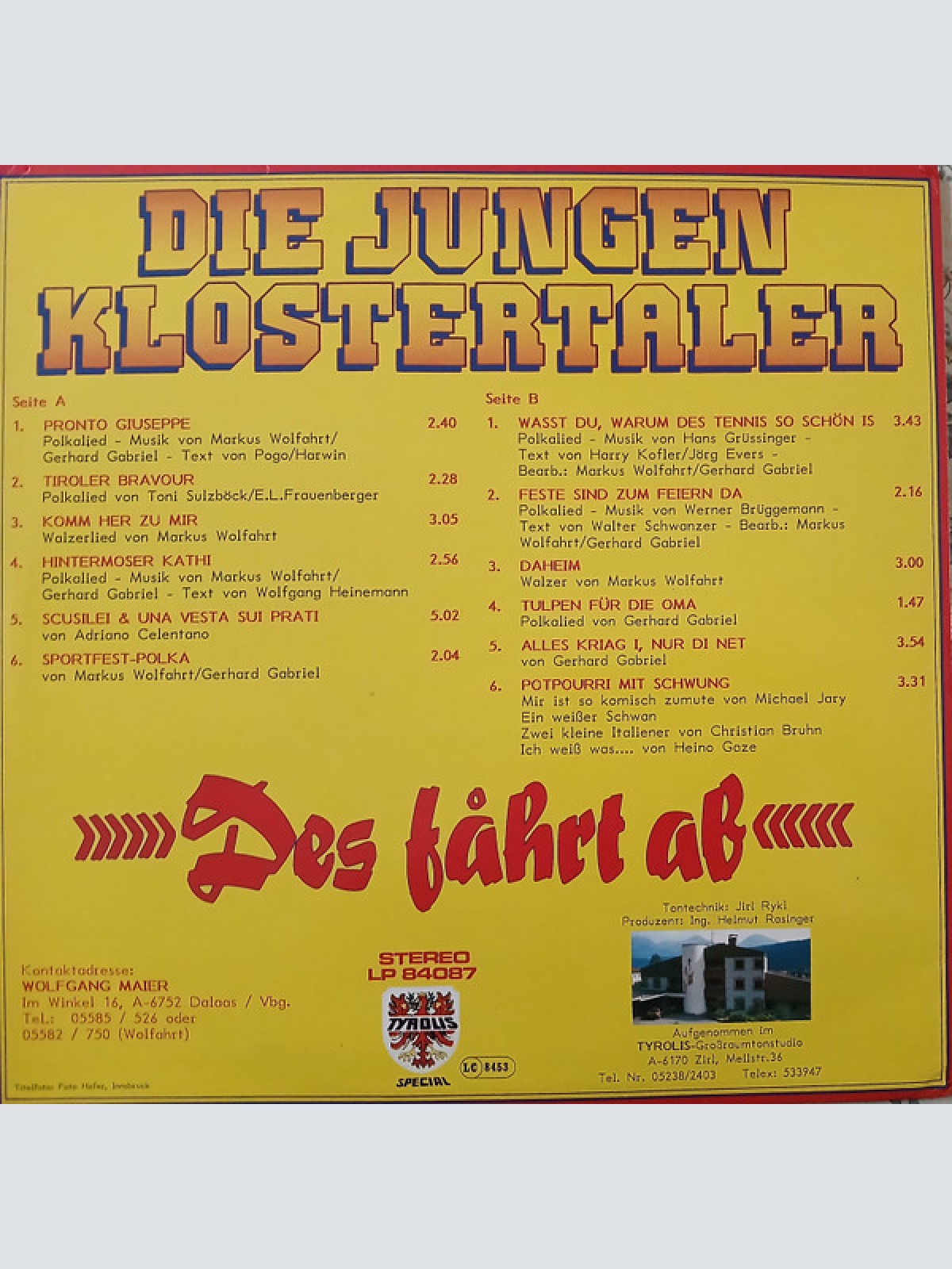 Vinyl / Die Jungen Klostertaler - Des Fährt Ab