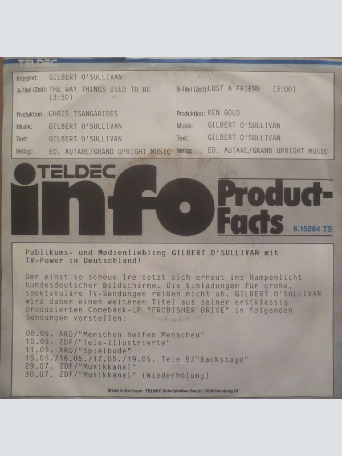 Vinyl / Gilbert O'Sullivan - The Way Things Used To Be / Lost A Friend