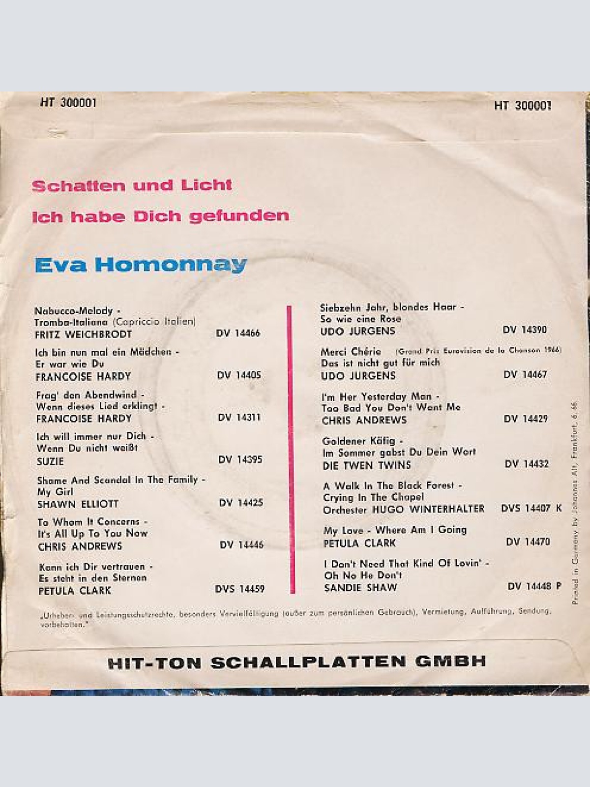 Vinyl / Eva Homonnay* - Schatten Und Licht / Ich Habe Dich Gefunden