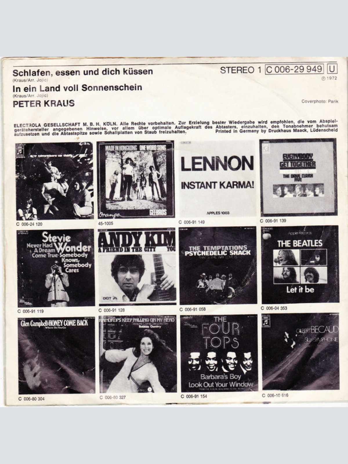 Vinyl / Peter Kraus - Schlafen, Essen Und Dich Küssen