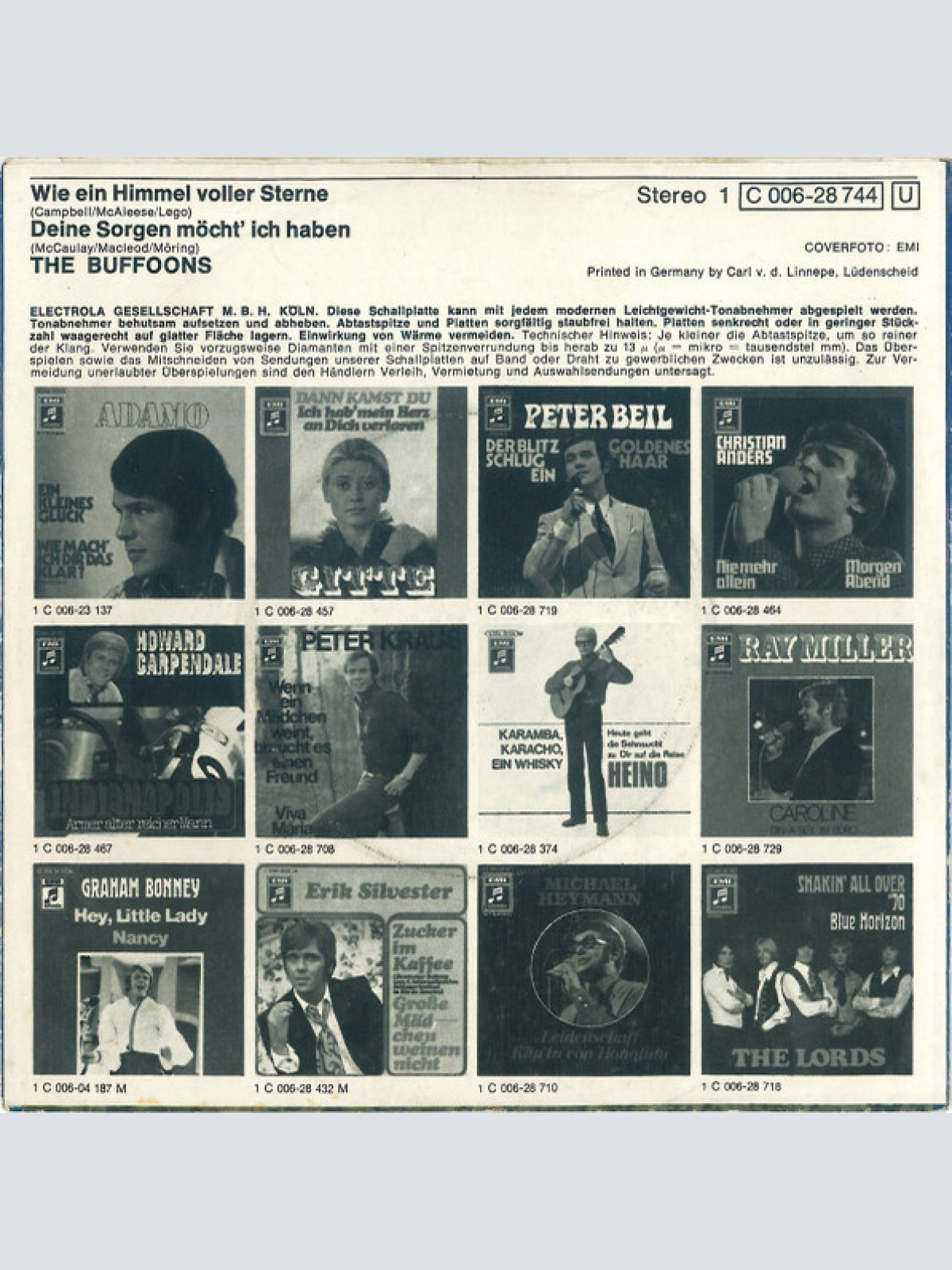 Vinyl / The Buffoons - Wie Ein Himmel Voller Sterne / Deine Sorgen Möcht Ich Haben