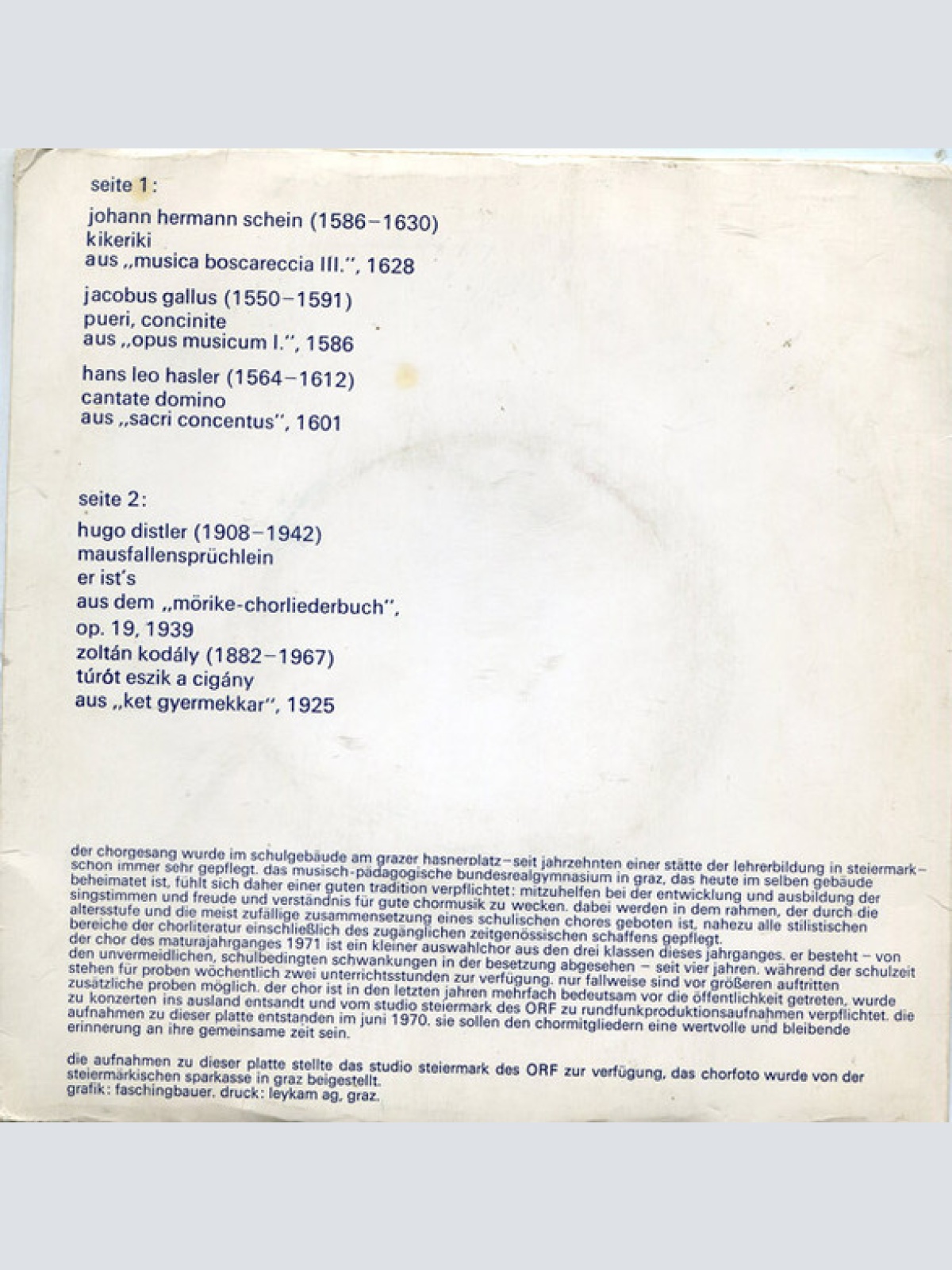 Vinyl / Chor Der Neunten Klassen Des Musisch-Pädagogischen Bundesrealgymnasiums Für Mädchen In Graz , Dirigent: Roland Geister - Chormusik