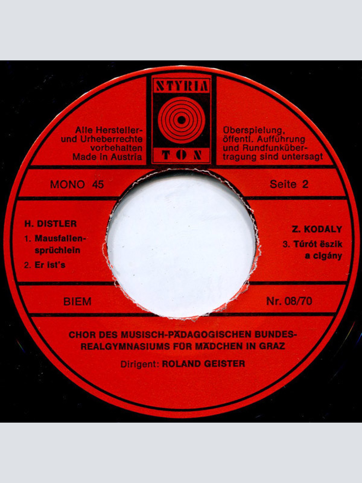 Vinyl / Chor Der Neunten Klassen Des Musisch-Pädagogischen Bundesrealgymnasiums Für Mädchen In Graz , Dirigent: Roland Geister - Chormusik