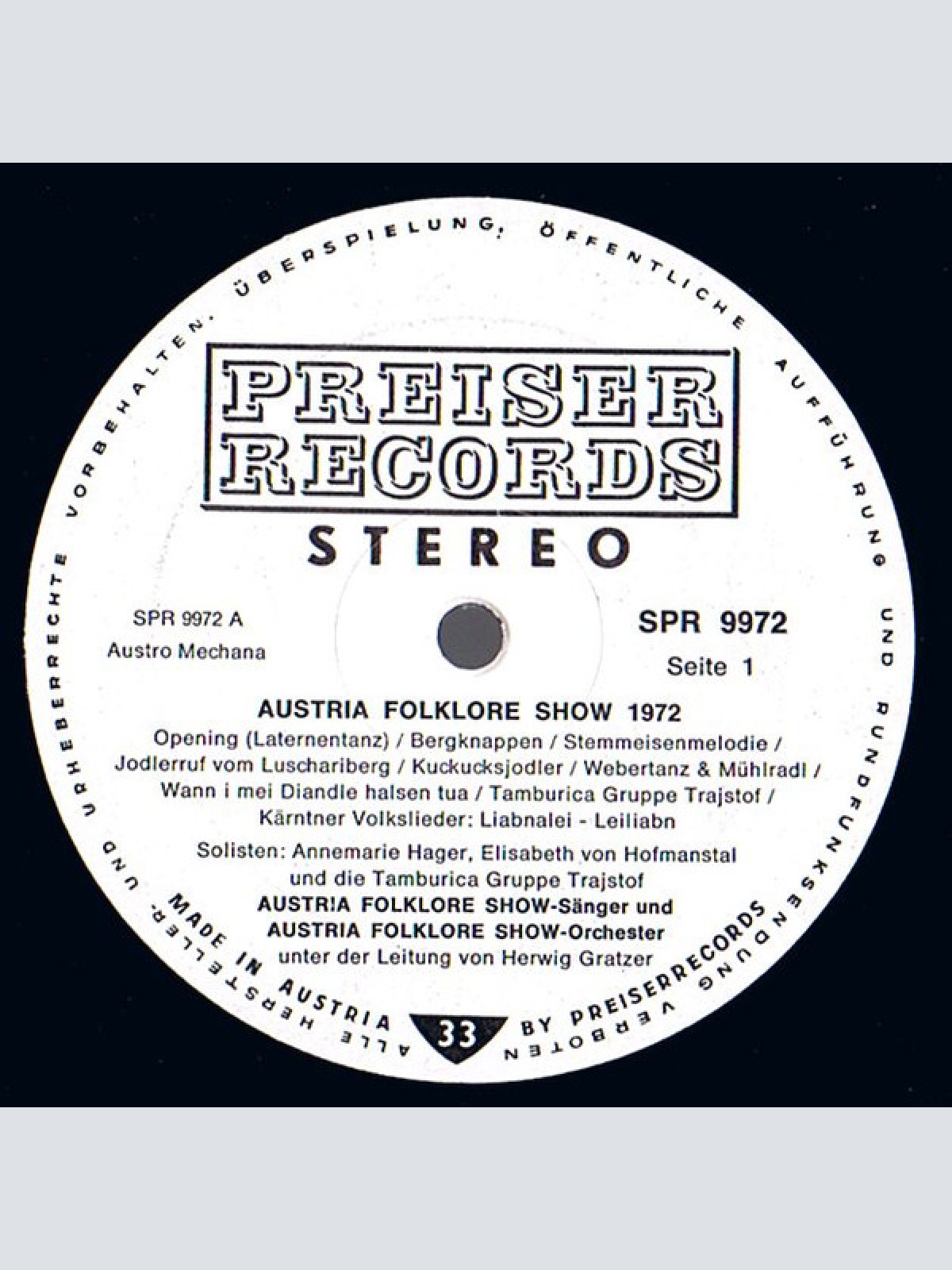 Vinyl / Austria Folklore Show-Sänger, Austria Folklore Show-Orchester, Herwig Gratzer - Austria Folklore Show 1972