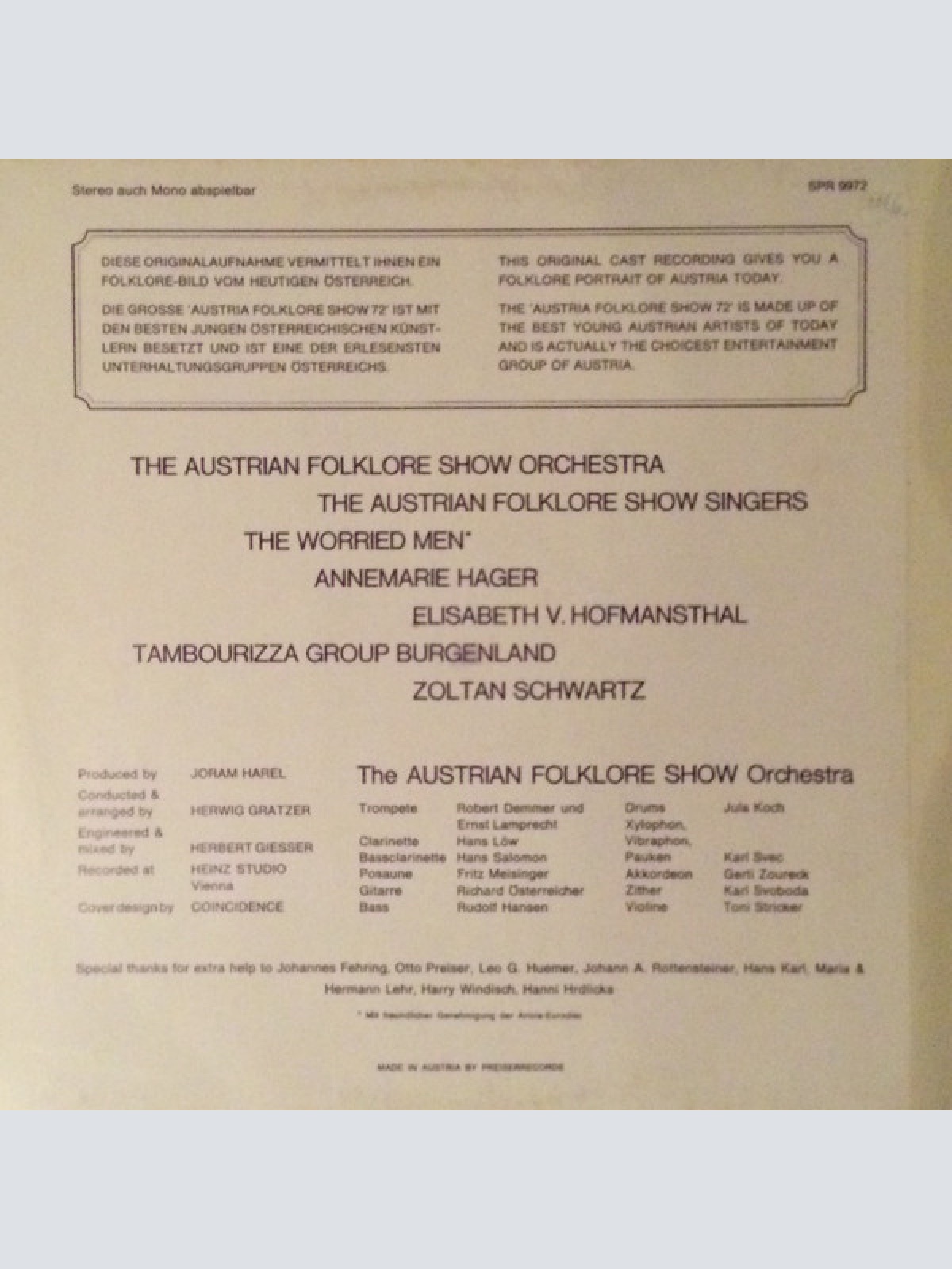 Vinyl / Austria Folklore Show-Sänger, Austria Folklore Show-Orchester, Herwig Gratzer - Austria Folklore Show 1972