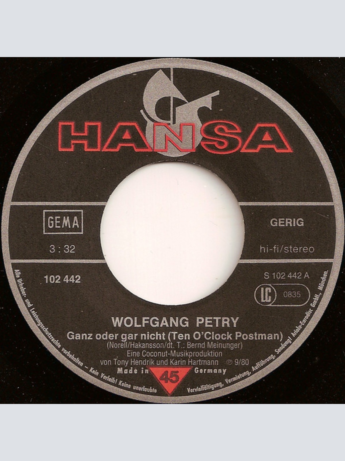 Vinyl / Wolfgang Petry - Ganz Oder Gar Nicht (Ten O'Clock Postman)