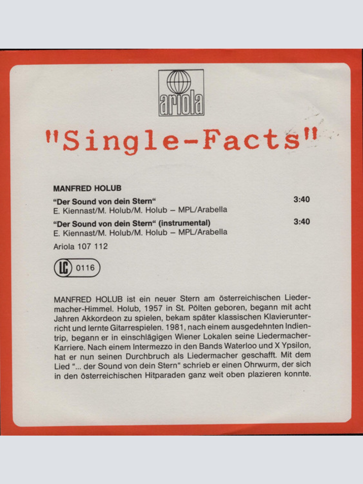 Vinyl / Manfred Holub - ... Der Sound Von Dein Stern