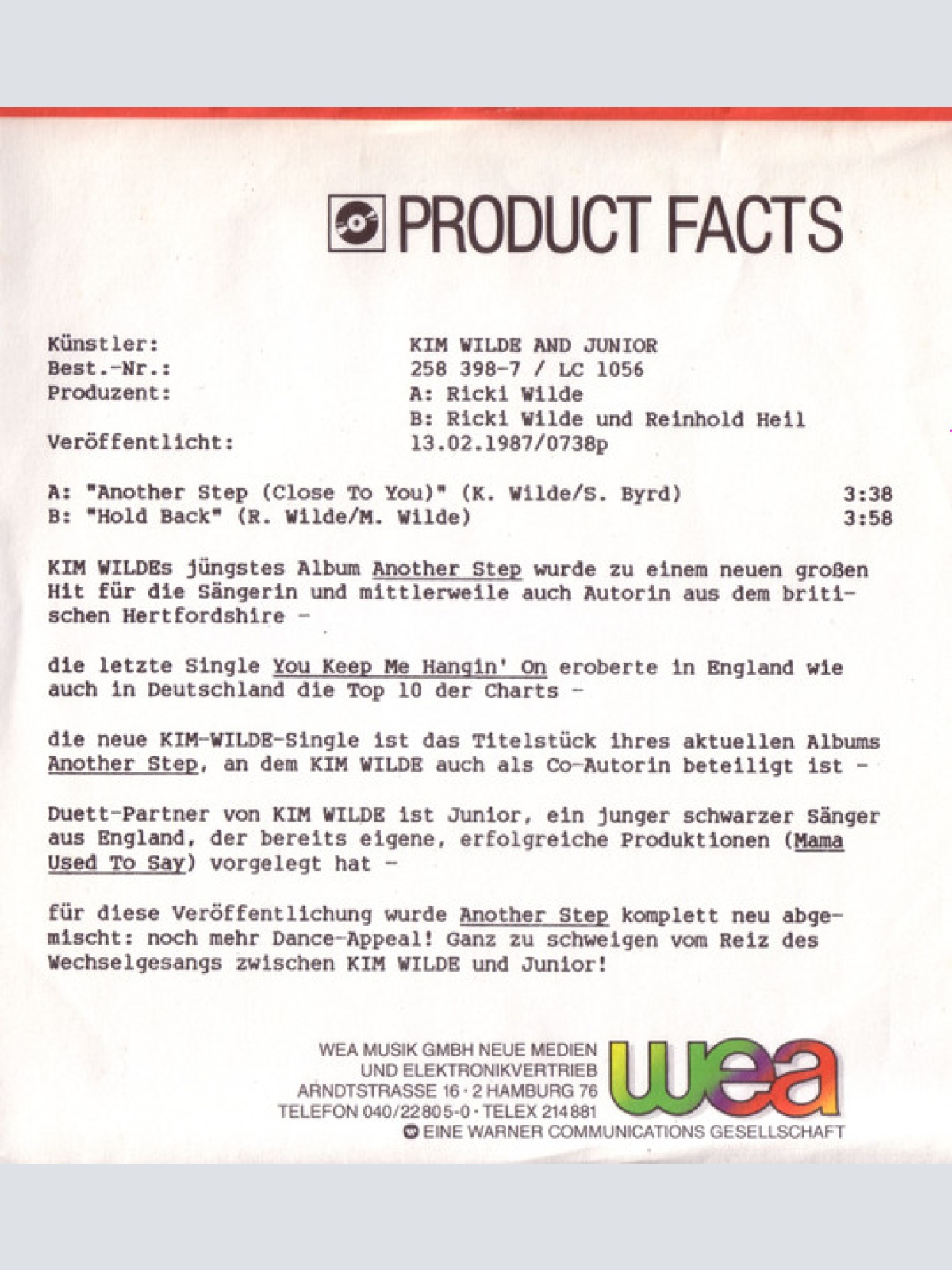 Vinyl / Kim Wilde & Junior (2) - Another Step (Closer To You)