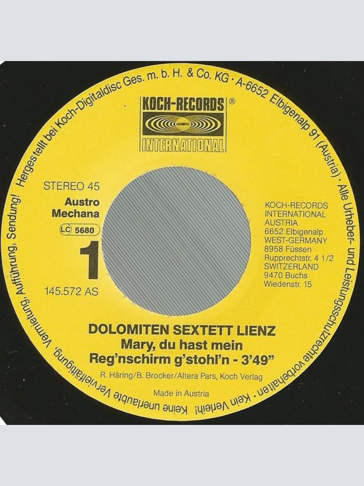 Vinyl / Dolomiten Sextett Lienz - Mary, Du Hast Mein Reg'nschirm G'stohl'n