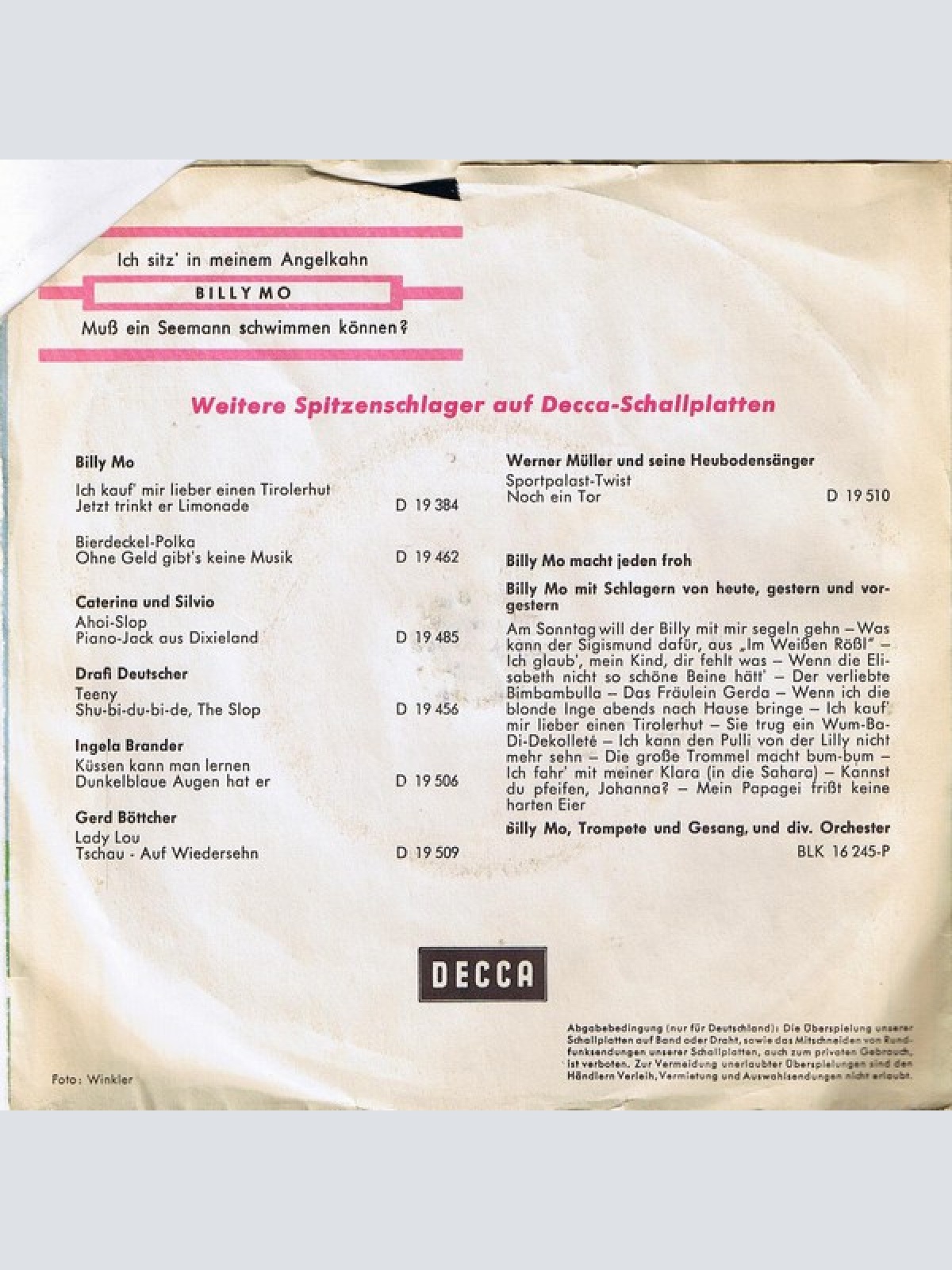 Vinyl / Billy Mo - Ich Sitz In Meinem Angelkahn / Muß Ein Seemann Schwimmen Können?