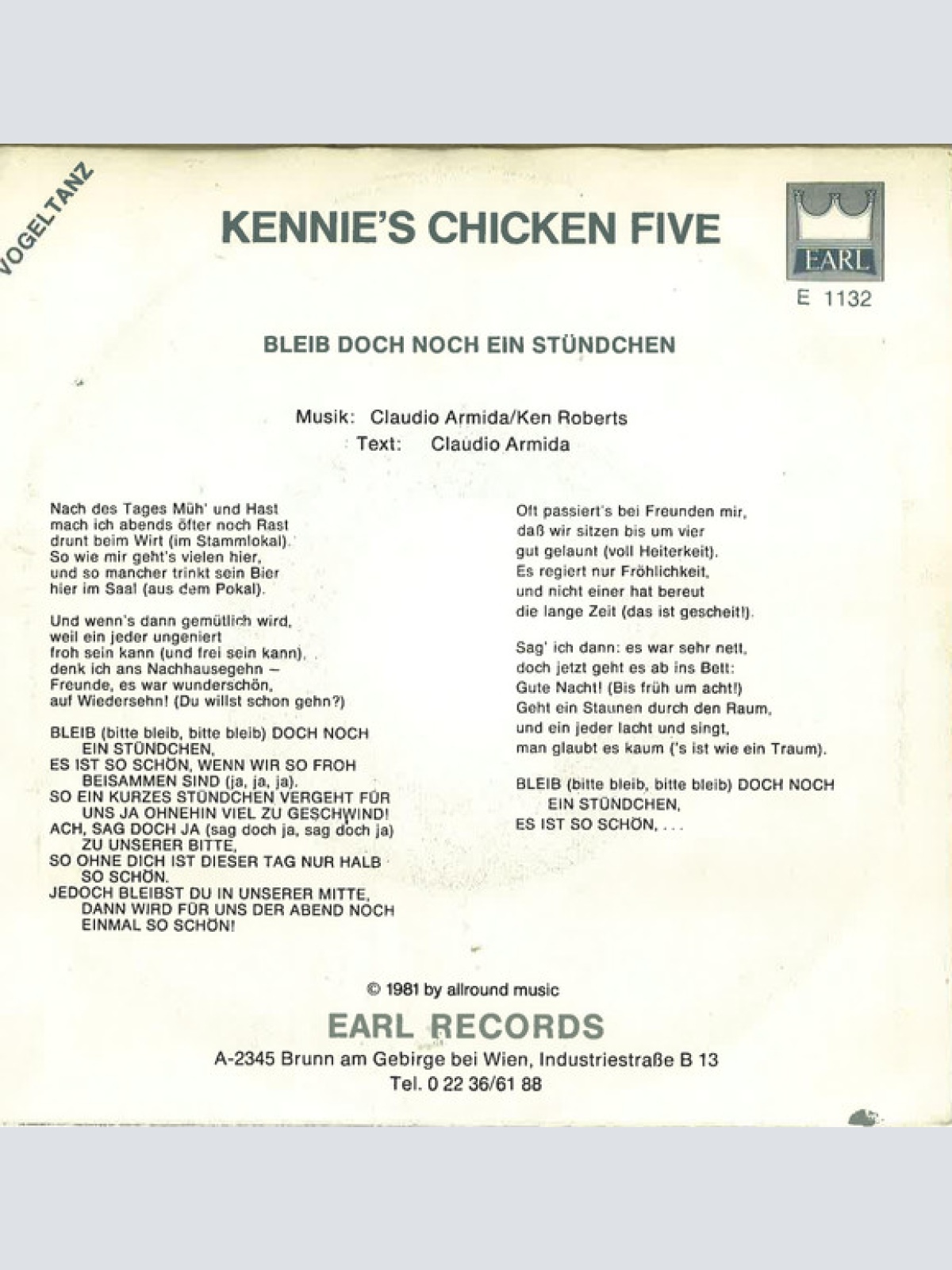 Vinyl / Kennie's Chicken Five - Bleib Doch Noch Ein Stündchen