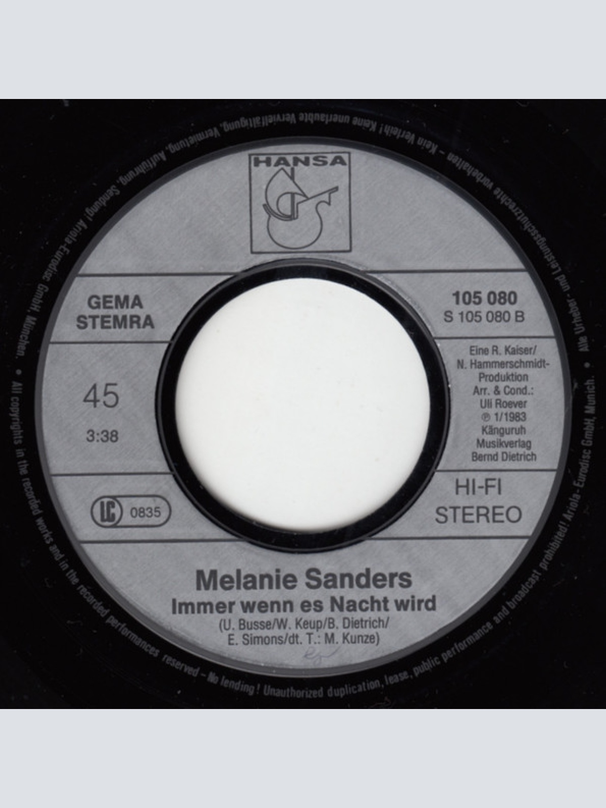 Vinyl / Melanie Sanders - Ich Will Die Nacht