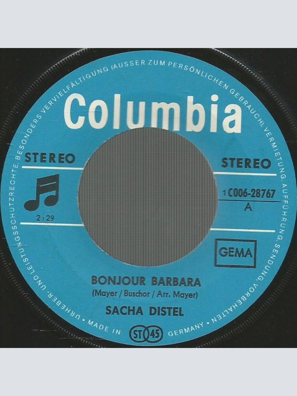 Vinyl / Sacha Distel - Bonjour Barbara / Ein Ring Liegt Am Grunde Der Seine