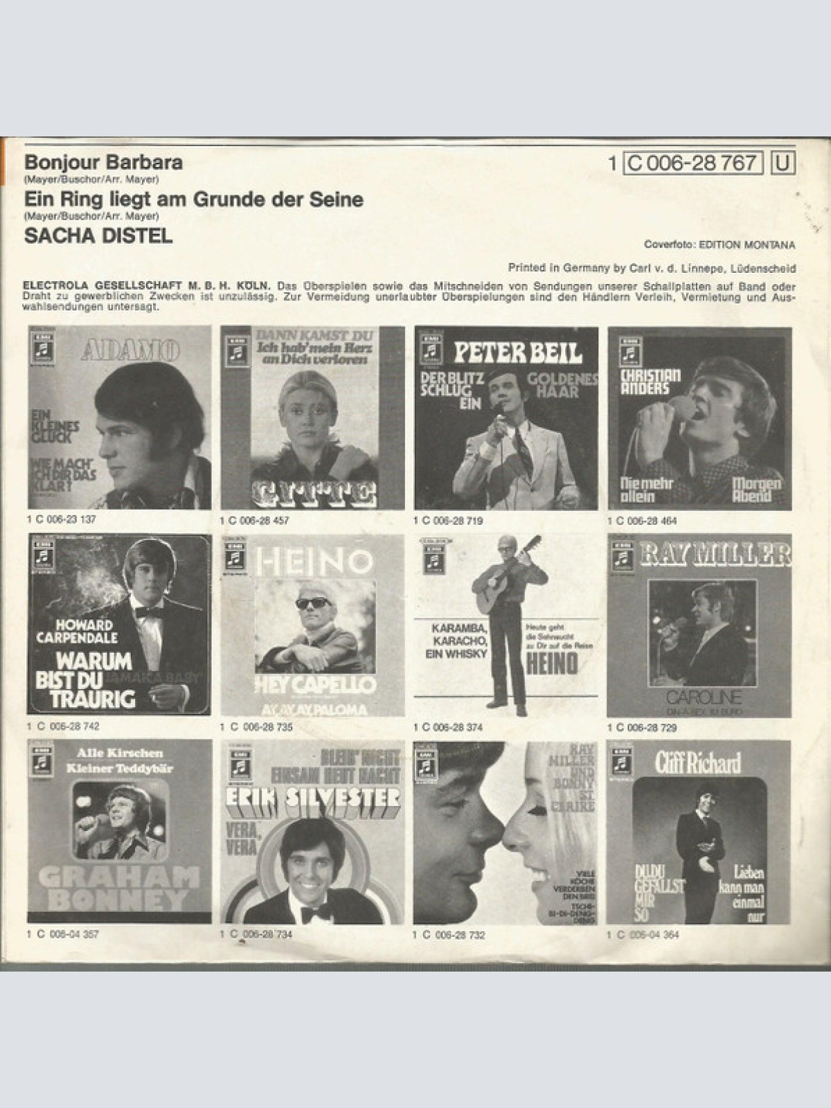 Vinyl / Sacha Distel - Bonjour Barbara / Ein Ring Liegt Am Grunde Der Seine