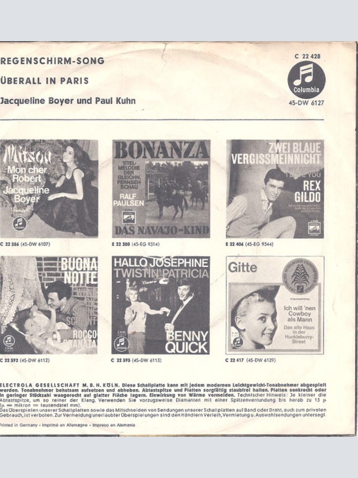 Vinyl / Jacqueline Boyer, Paul Kuhn - Regenschirm-Song