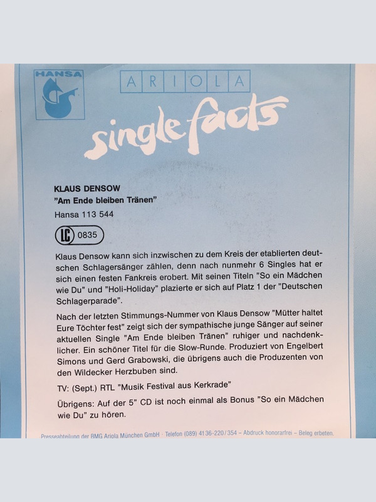 Vinyl / Klaus Densow - Am Ende Bleiben Tränen