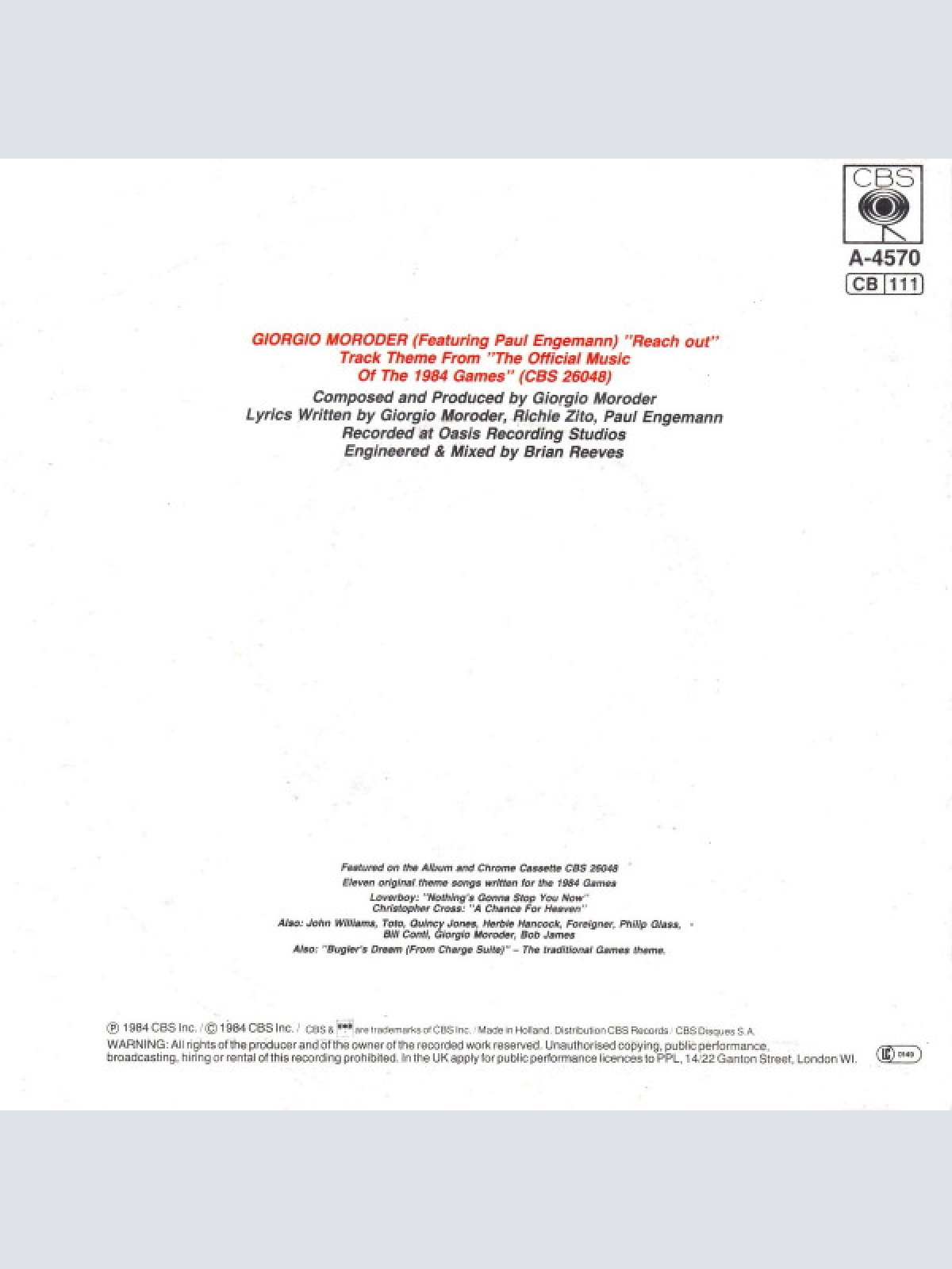 Vinyl / Giorgio Moroder Featuring Paul Engemann - Reach Out