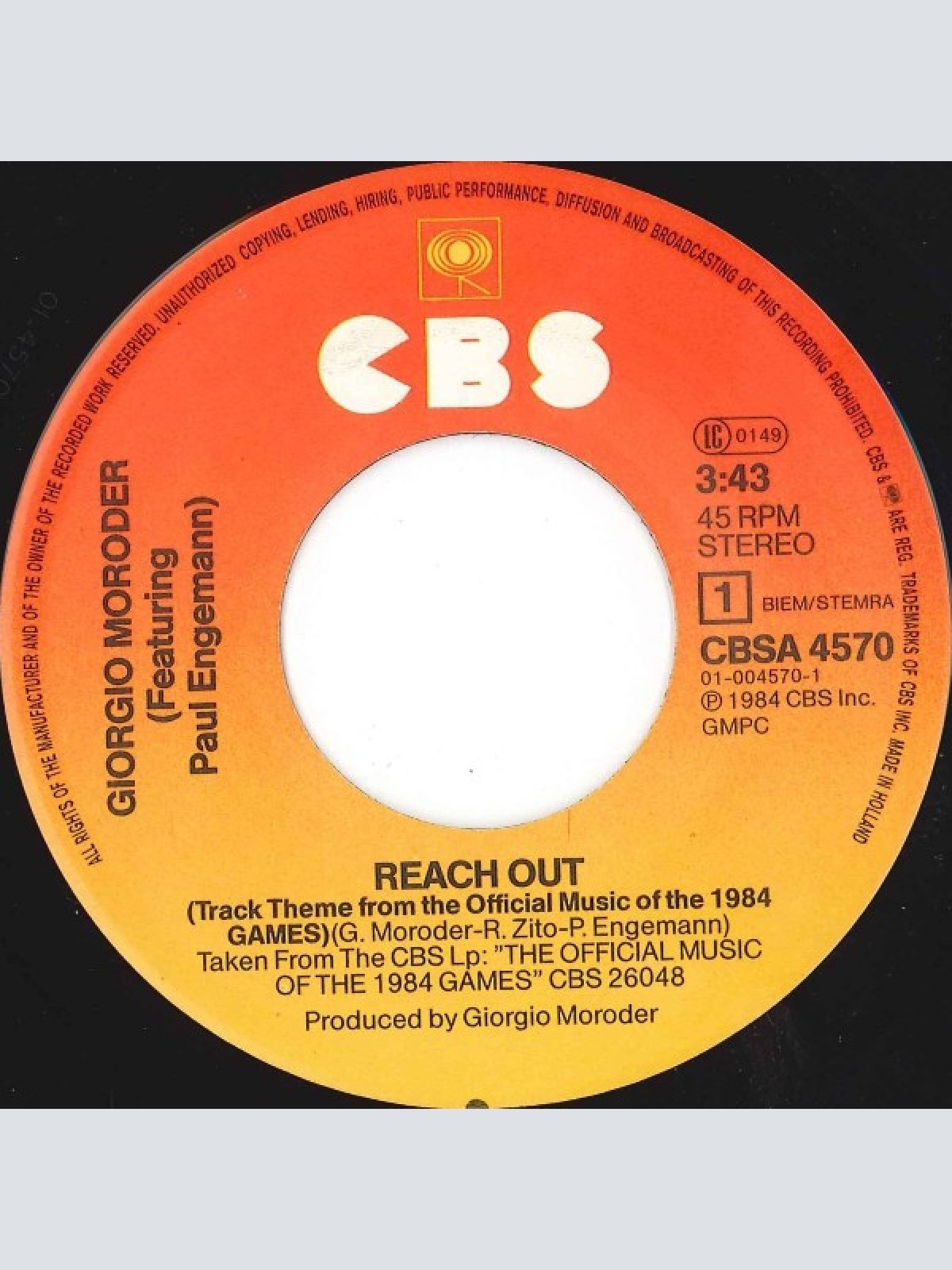 Vinyl / Giorgio Moroder Featuring Paul Engemann - Reach Out