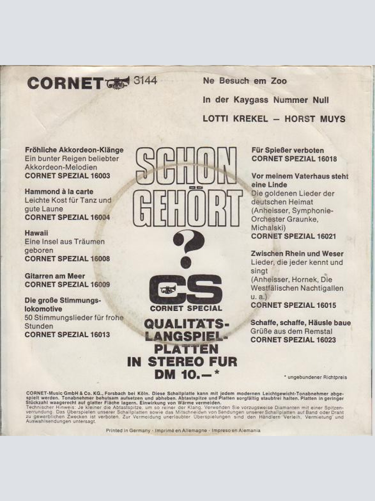 Vinyl / Lotti Krekel - Horst Muys - Ne Besuch Em Zoo / In Der Kaygass Nummer Null