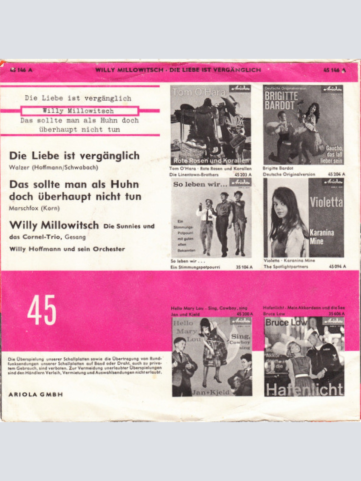 Vinyl / Willy Millowitsch - Die Liebe Ist Vergänglich, Der Durst Bleibt Lebenslänglich